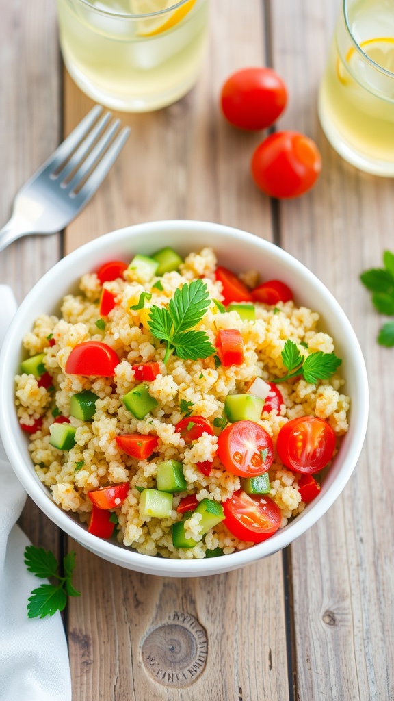 A colorful garlic quinoa salad with vegetables and parsley in a bowl, placed on a rustic table with a fork.